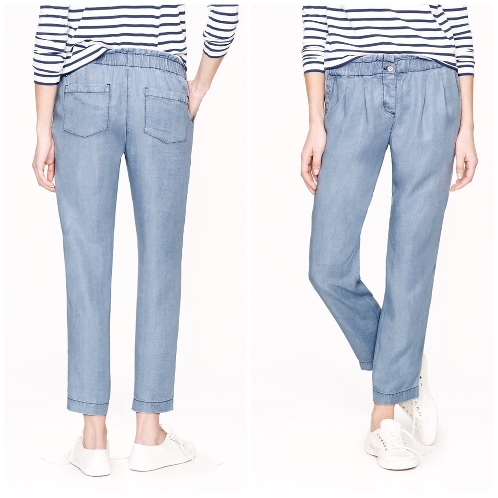 J Crew Gathered Pull On Jeans in Silky Chambray